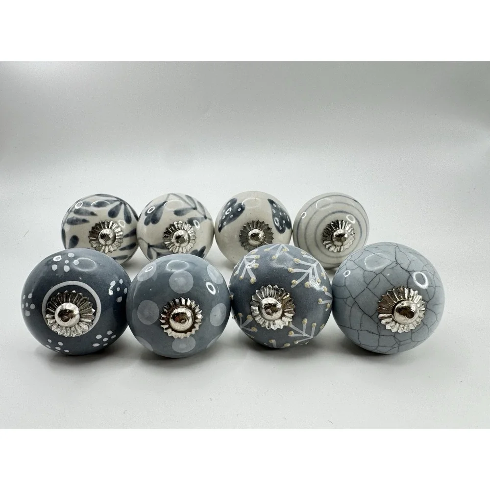 Blue Gray Ceramic Drawer Knobs‎ Set 8 Floral Cabinet Pulls Farmhouse Cottage